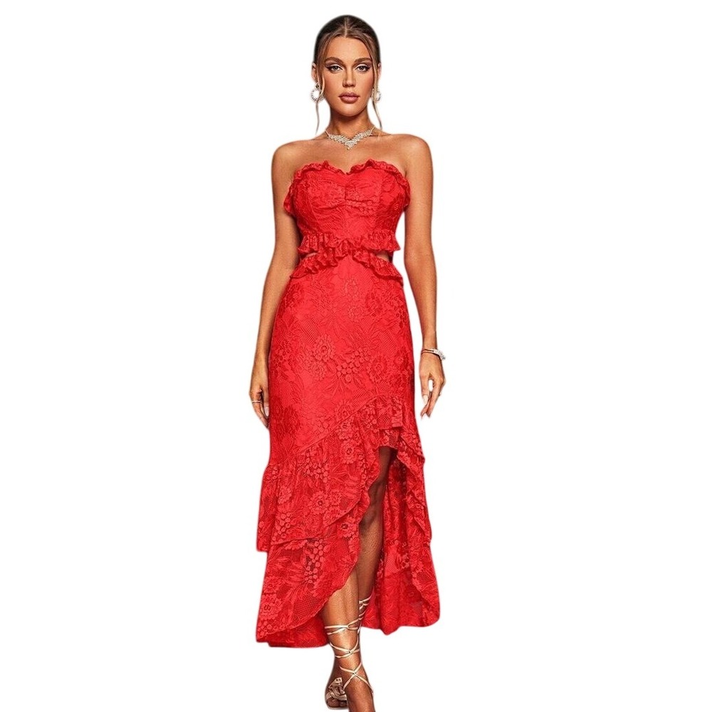 Women's L Red‎ High Slit Strapless Dress